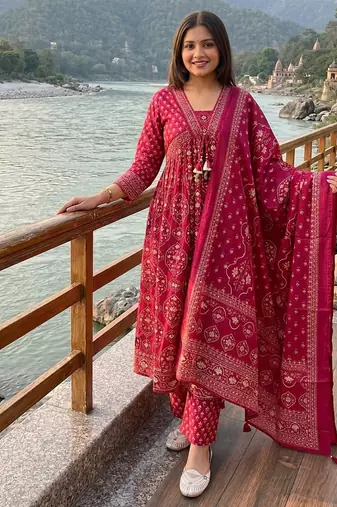 Beautiful jaipuri a rani pink colored anarkali suit set