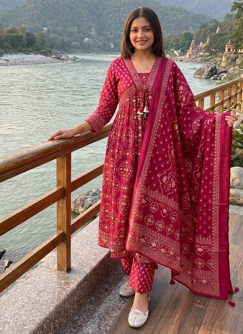 Beautiful jaipuri a rani pink colored anarkali suit set