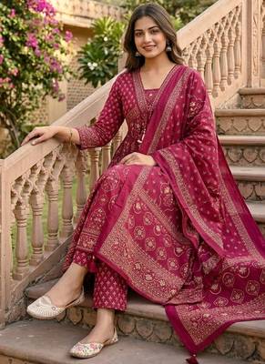 Beautiful jaipuri a rani pink colored anarkali suit set 2