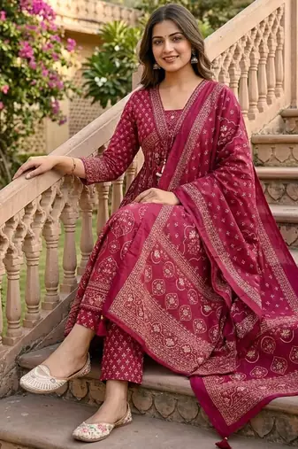 Beautiful jaipuri a rani pink colored anarkali suit set