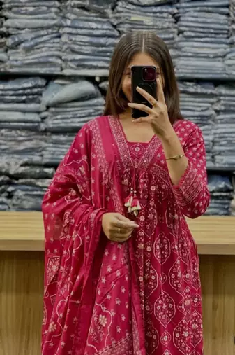 Beautiful jaipuri a rani pink colored anarkali suit set