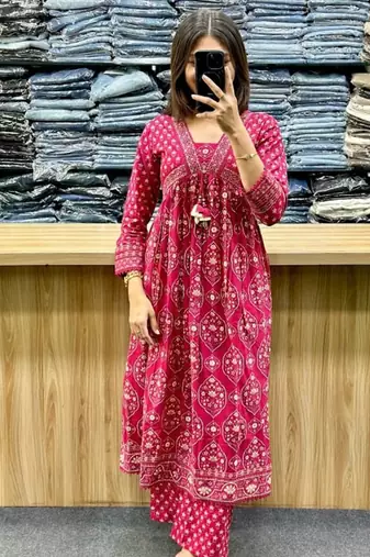 Beautiful jaipuri a rani pink colored anarkali suit set