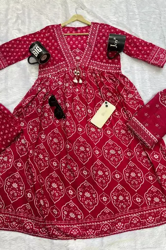 Beautiful jaipuri a rani pink colored anarkali suit set