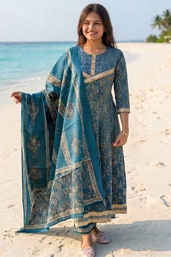 Beautiful jaipuri a teal-colored anarkali suit set