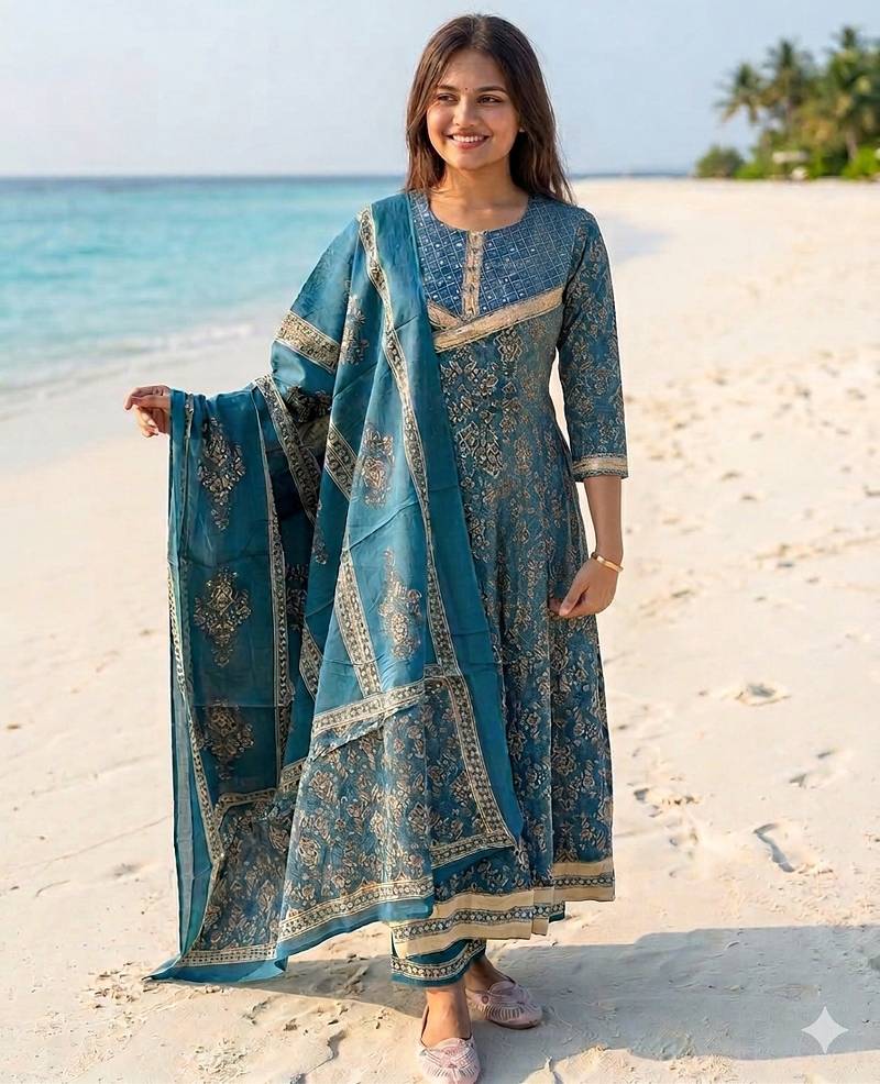 Beautiful jaipuri a teal-colored anarkali suit set