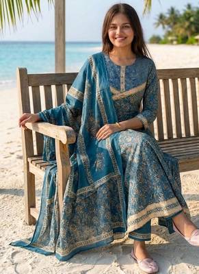 Beautiful jaipuri a teal-colored anarkali suit set 2