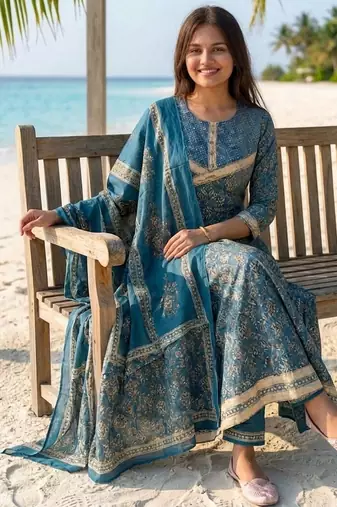 Beautiful jaipuri a teal-colored anarkali suit set