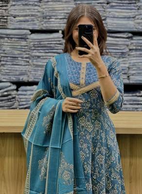 Beautiful jaipuri a teal-colored anarkali suit set 3