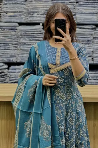 Beautiful jaipuri a teal-colored anarkali suit set
