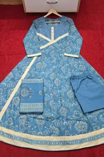 Beautiful jaipuri a teal-colored anarkali suit set