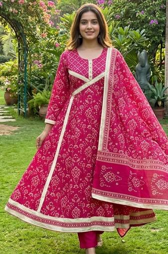 Beautiful jaipuri a rani pink golden strip colored anarkali suit set
