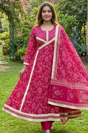 Beautiful jaipuri a rani pink golden strip colored anarkali suit set