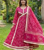 Beautiful jaipuri a rani pink golden strip colored anarkali suit set