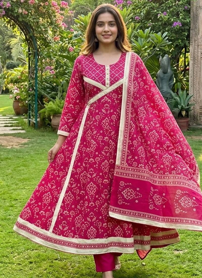 Beautiful jaipuri a rani pink golden strip colored anarkali suit set