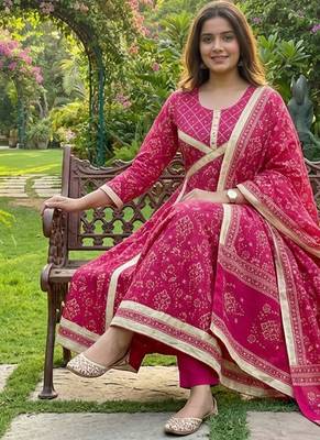 Beautiful jaipuri a rani pink golden strip colored anarkali suit set 2