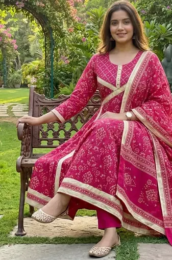 Beautiful jaipuri a rani pink golden strip colored anarkali suit set