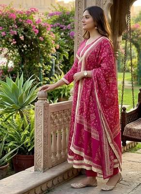 Beautiful jaipuri a rani pink golden strip colored anarkali suit set 3