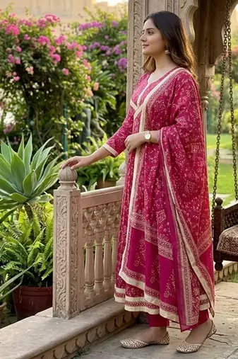 Beautiful jaipuri a rani pink golden strip colored anarkali suit set