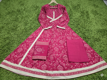 Beautiful jaipuri a rani pink golden strip colored anarkali suit set 4