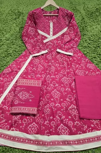 Beautiful jaipuri a rani pink golden strip colored anarkali suit set