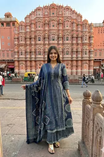 Beautiful jaipuri a teal-colored anarkali suit set