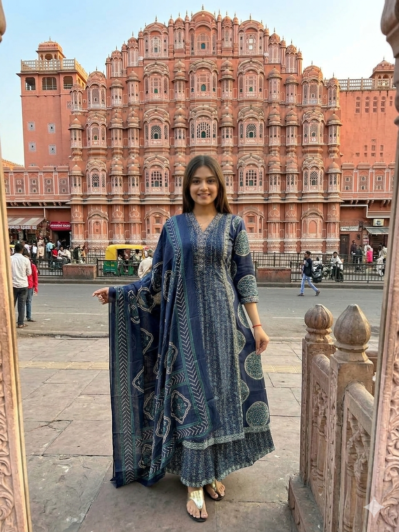 Beautiful jaipuri a teal-colored anarkali suit set