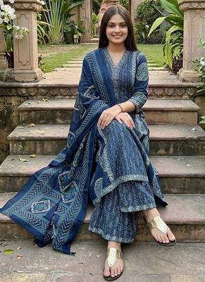 Beautiful jaipuri a teal-colored anarkali suit set 2