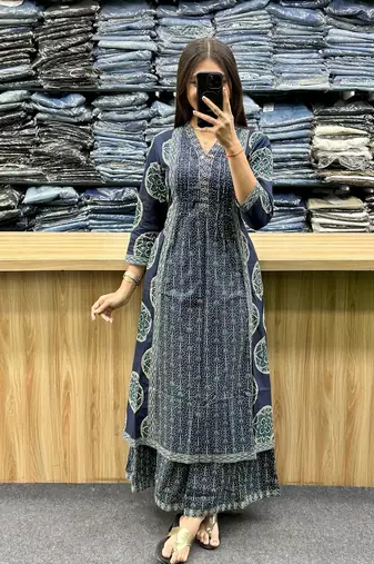 Beautiful jaipuri a teal-colored anarkali suit set