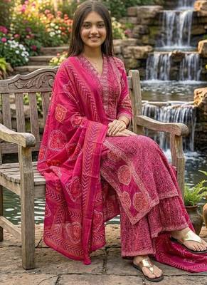 Beautiful jaipuri a rani pink  colored anarkali suit set 2
