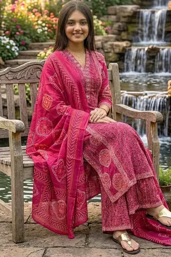 Beautiful jaipuri a rani pink  colored anarkali suit set