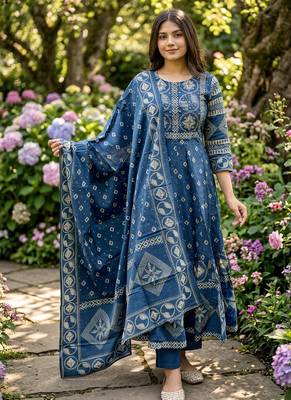 Beautiful jaipuri a blue a-line kurta set 1