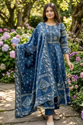 Beautiful jaipuri a blue a-line kurta set