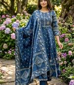 Beautiful jaipuri a blue a-line kurta set