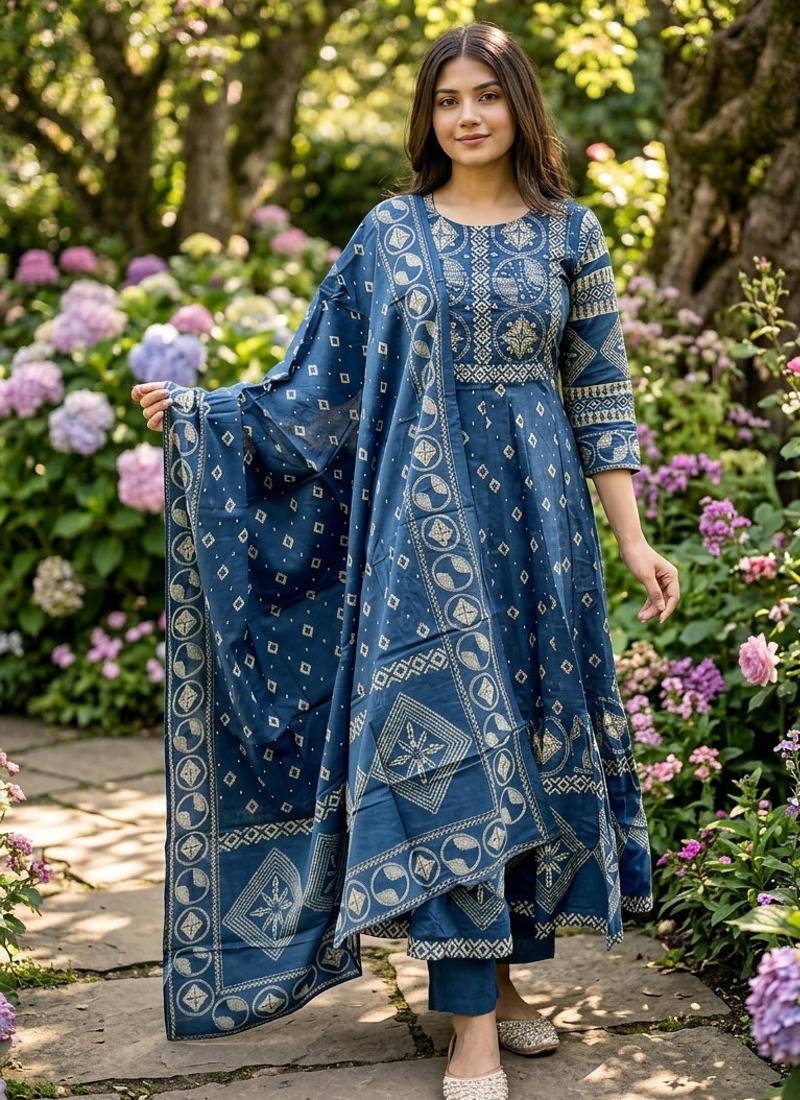 Beautiful jaipuri a blue a-line kurta set