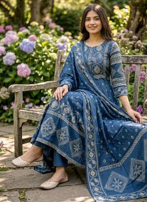 Beautiful jaipuri a blue a-line kurta set 2