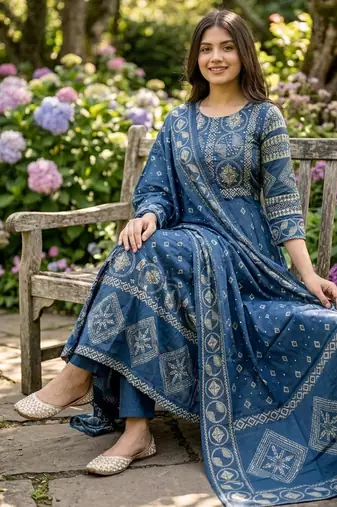 Beautiful jaipuri a blue a-line kurta set