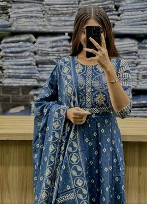 Beautiful jaipuri a blue a-line kurta set 3