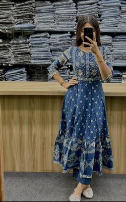 Beautiful jaipuri a blue a-line kurta set 4
