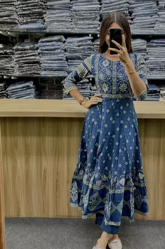 Beautiful jaipuri a blue a-line kurta set