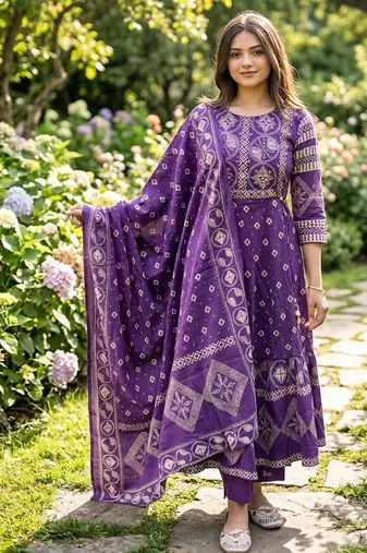 Beautiful jaipuri a purple a-line kurta set