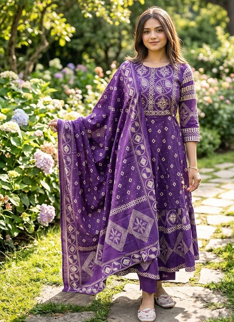 Beautiful jaipuri a purple a-line kurta set