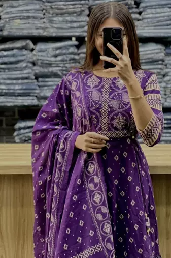 Beautiful jaipuri a purple a-line kurta set