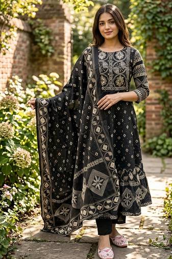 Beautiful jaipuri a black a-line kurta set