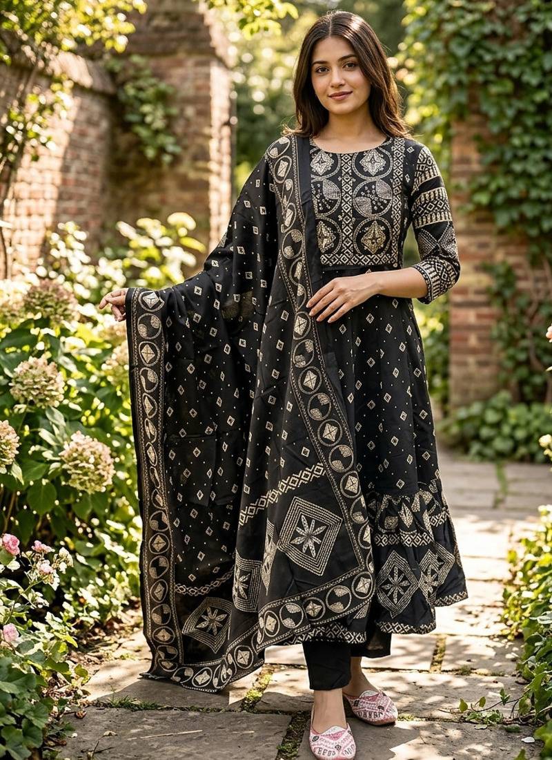 Beautiful jaipuri a black a-line kurta set