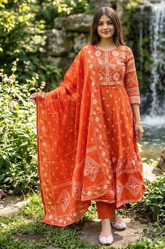 Beautiful jaipuri a orange a-line kurta set