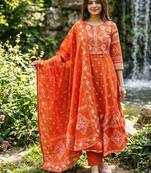 Beautiful jaipuri a orange a-line kurta set