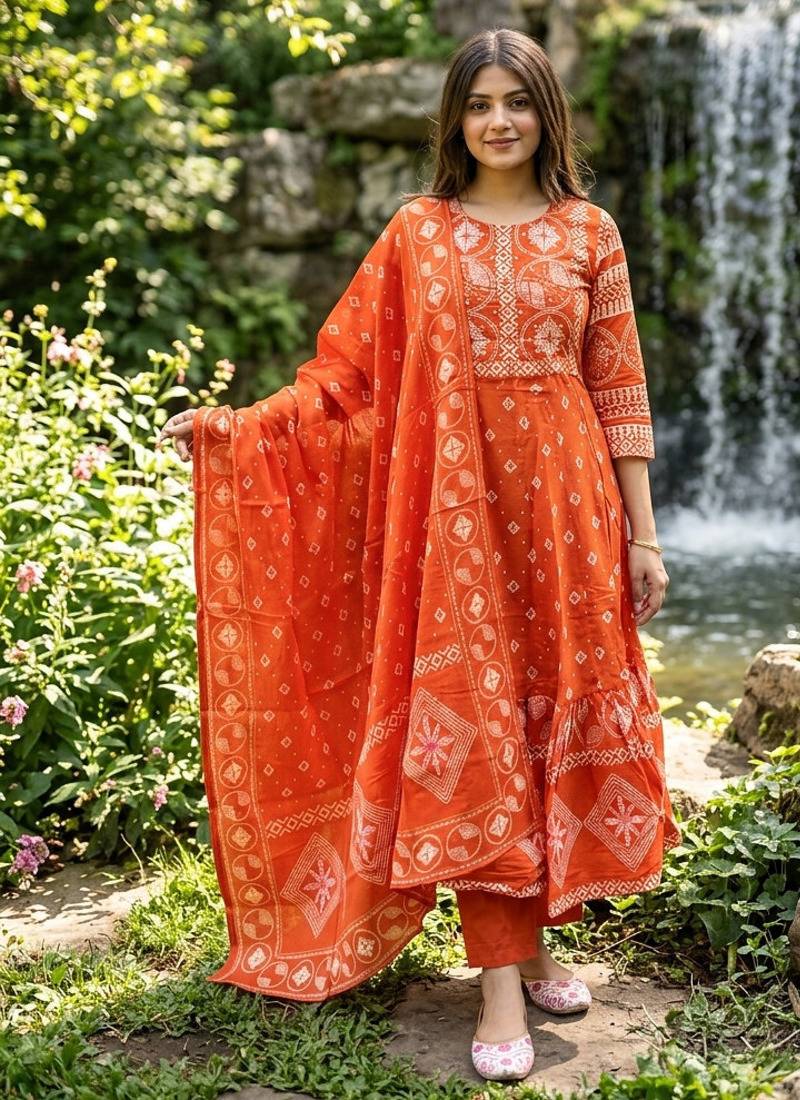 Beautiful jaipuri a orange a-line kurta set