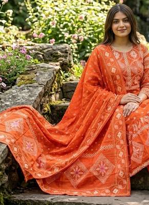 Beautiful jaipuri a orange a-line kurta set 2