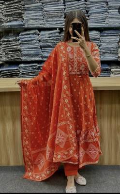 Beautiful jaipuri a orange a-line kurta set 3