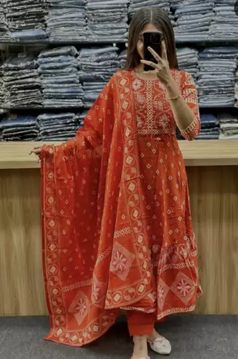 Beautiful jaipuri a orange a-line kurta set